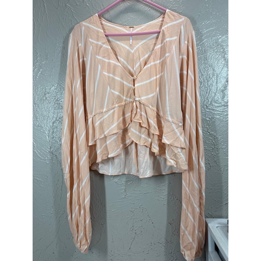 Free People Samifran Tie Front Blouse Peach Stripe Balloon Sleeve Cropped Medium